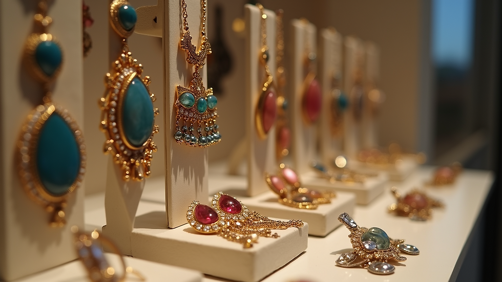 Eye-level view of a display with statement earrings and chunky necklaces