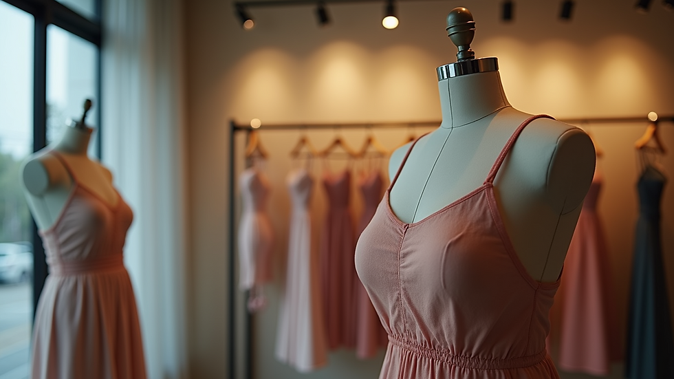 Eye-level view of plus size dress on mannequin in boutique