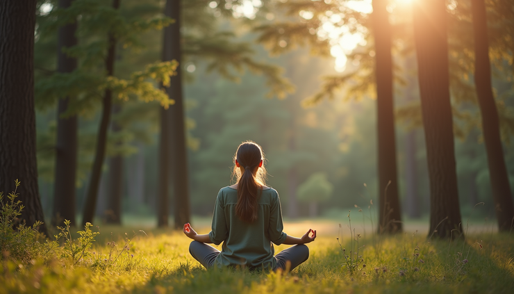 Eye-level view of a serene woman meditating in a forest clearing