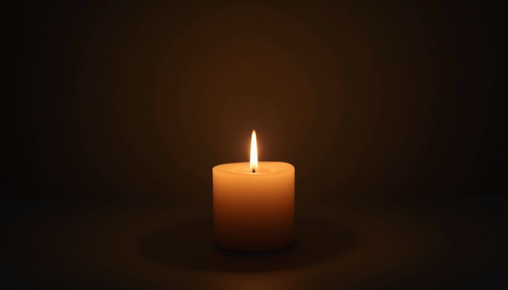 Eye-level view of a single candle burning softly in a dark room