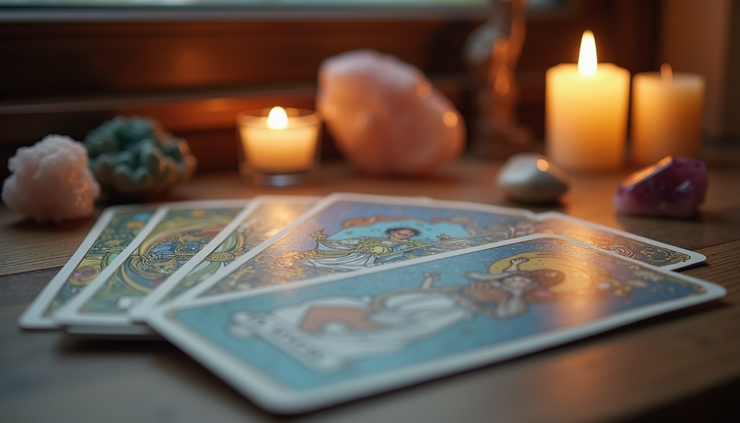 Eye-level view of tarot cards laid out on a wooden table with candles and crystals