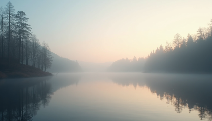 Eye-level view of a serene lake reflecting a clear sky at dawn