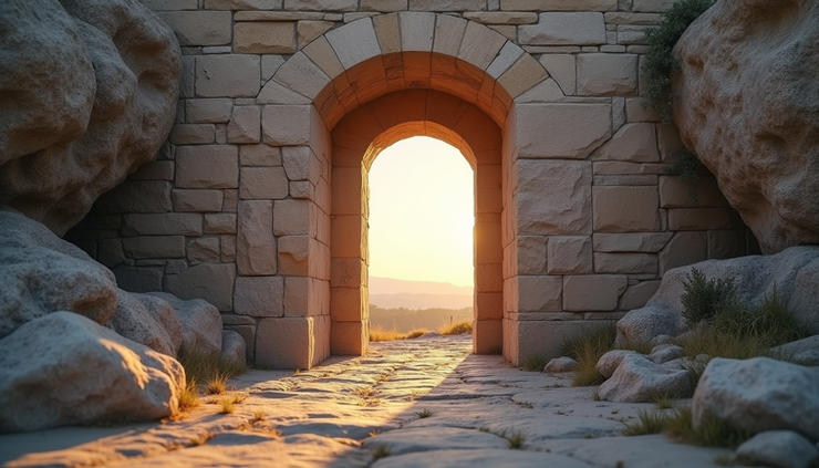 Eye-level view of an empty stone tomb with the entrance open, bathed in soft morning light