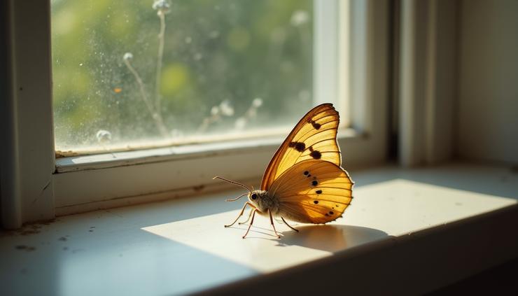 High angle view of a moth resting on a windowsill with soft natural light