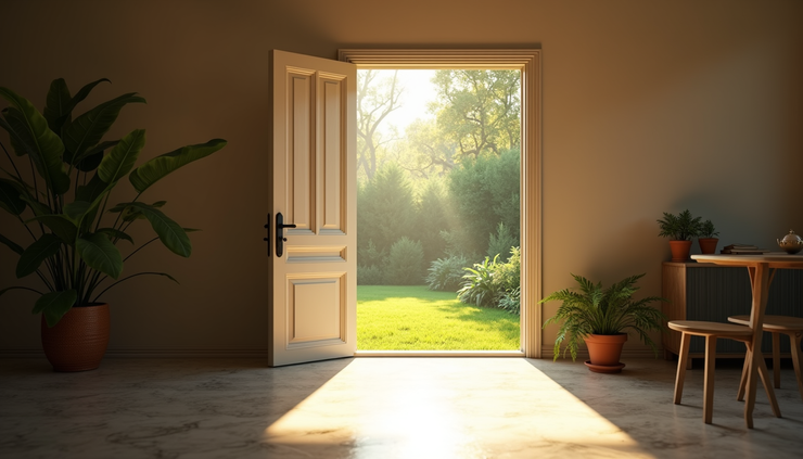Eye-level view of a sunlit open door leading to a bright garden
