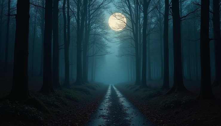 Eye-level view of a dark forest path illuminated by moonlight