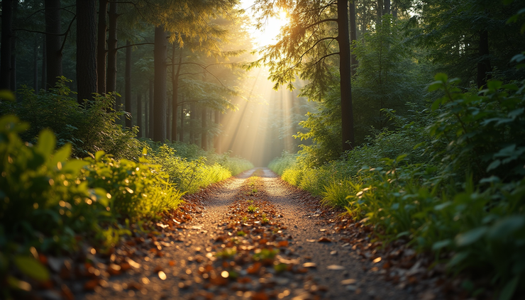 Eye-level view of a quiet forest path with sunlight filtering through trees