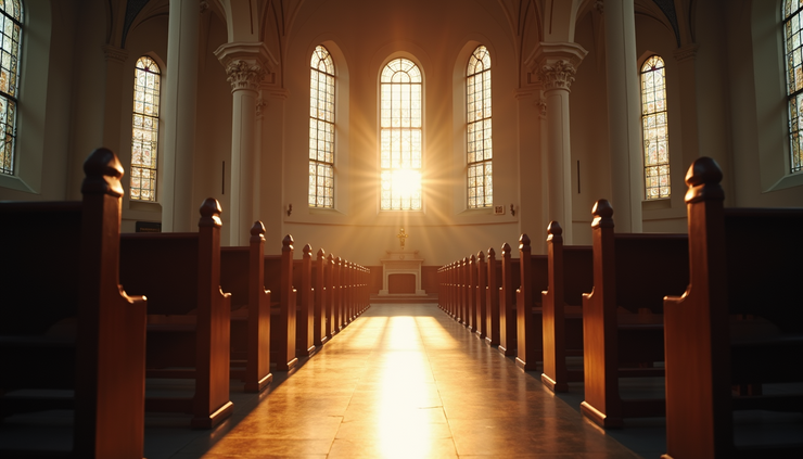 Eye-level view of a quiet church interior with sunlight streaming through stained glass windows