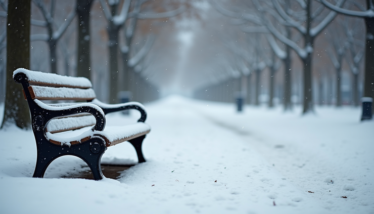 High angle view of a snow-covered bench in a quiet park during winter