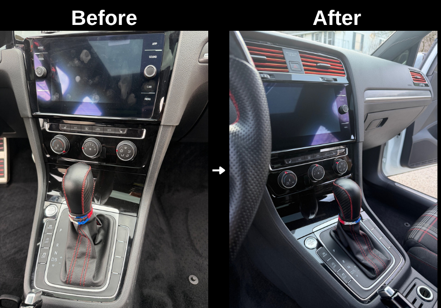 Before and after cabin refresh with red interior accents