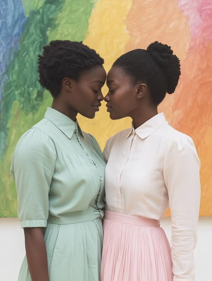 Two women in pastel dresses touch foreheads before a rainbow-painted backdrop, creating a tender, intimate mood.