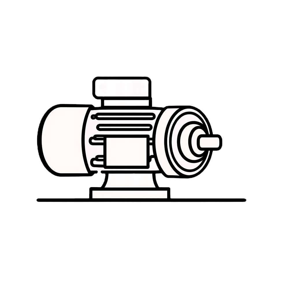 A minimalistic black outlined icon of an industrial electrical motor system with a transpa