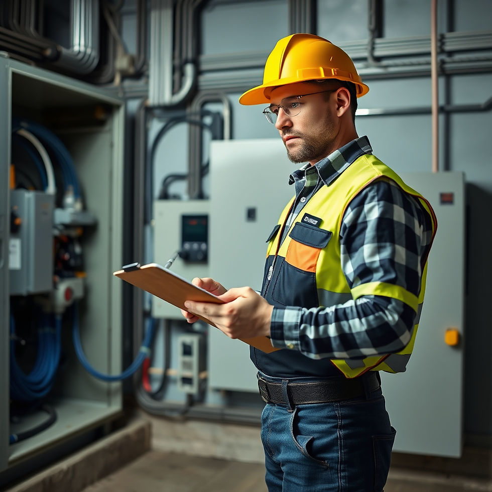 An electrician with a clipboard conducting detailed electrical generator inspection.jpg