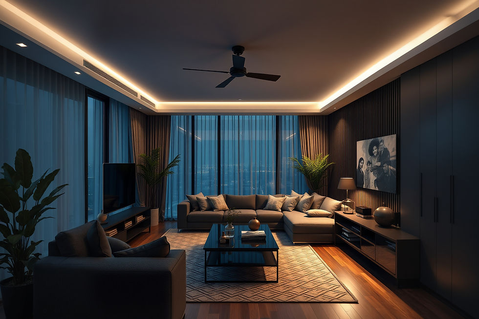 A cinematic image of an ambient modern living room, lit up with smart lighting systems and