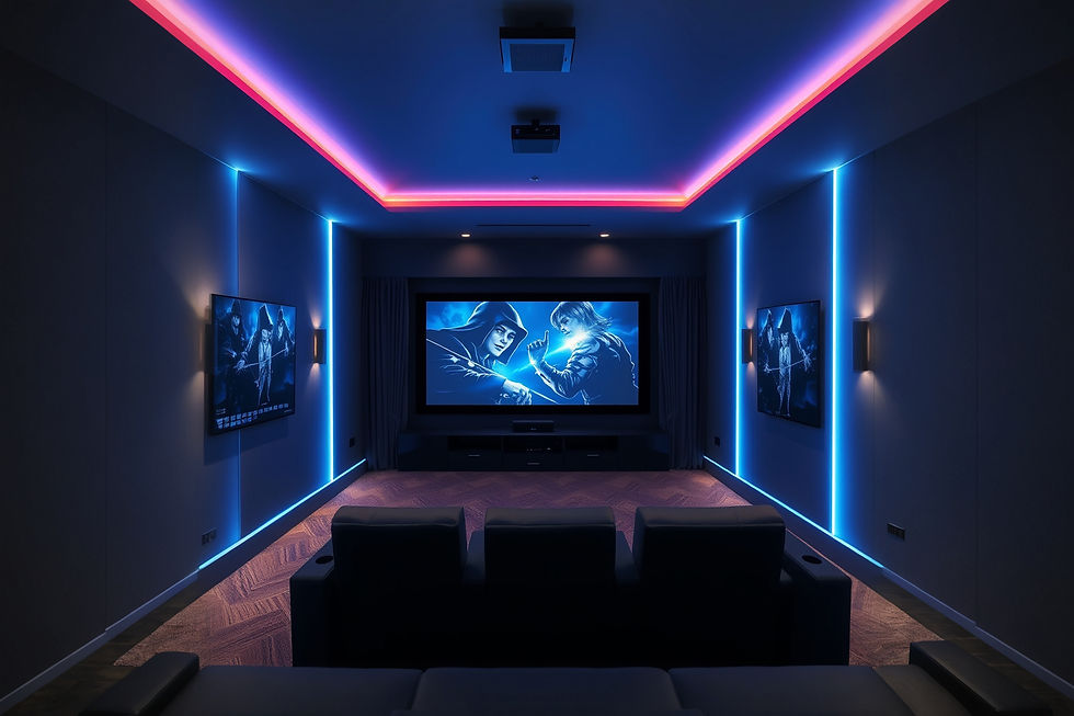 A cinematic picture of a home theater room with an integrated smart home lighting system l