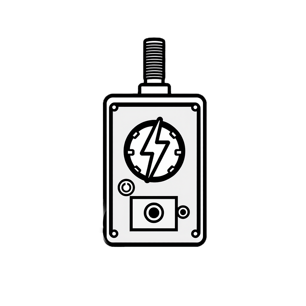 A minimalistic black outlined icon of high voltage machinery, with a transparent backgroun