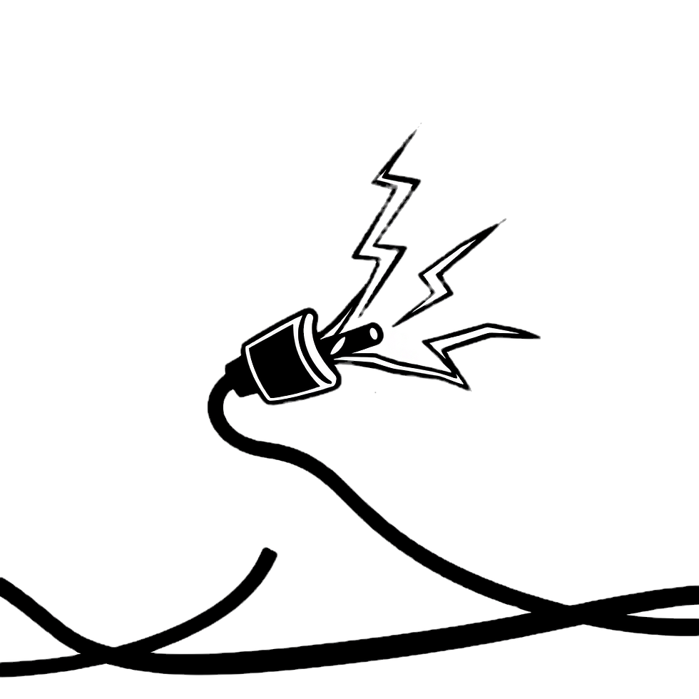 A minimalistic black outlined icon of damaged electrical wiring with electric shocks shoot