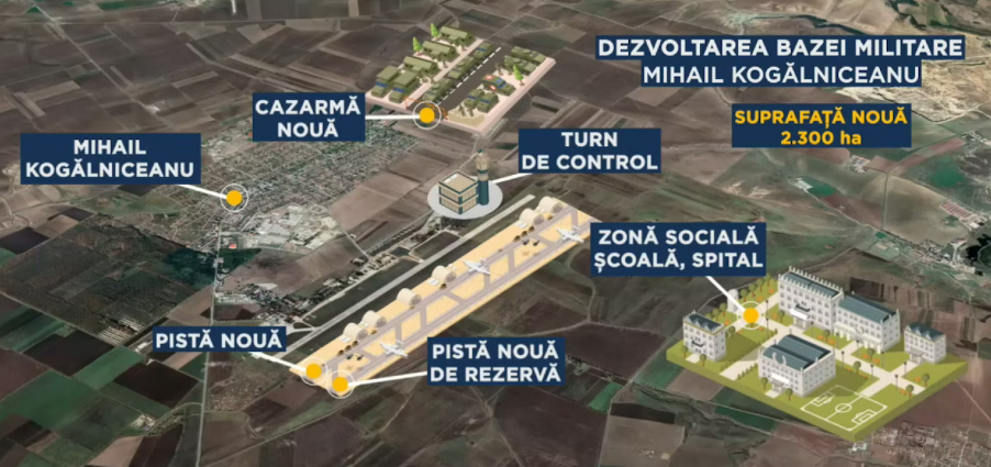 Baza v okrožju Constanța bo opremljena z vzletno-pristajalnimi stezami, hangarji za letala, skladiščnimi in razporeditvenimi prostori za orožje, gorivo in maziva, opremo za usposabljanje, šolami, vrtci, trgovinami in bolnišnico.