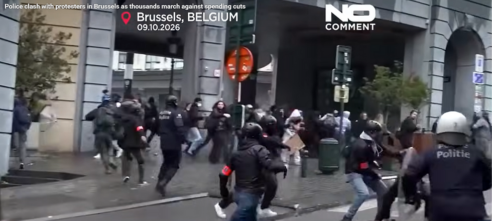 Spopadi med protestniki in policijo v Bruslju, 9. oktober 2026. Vir: YouTube