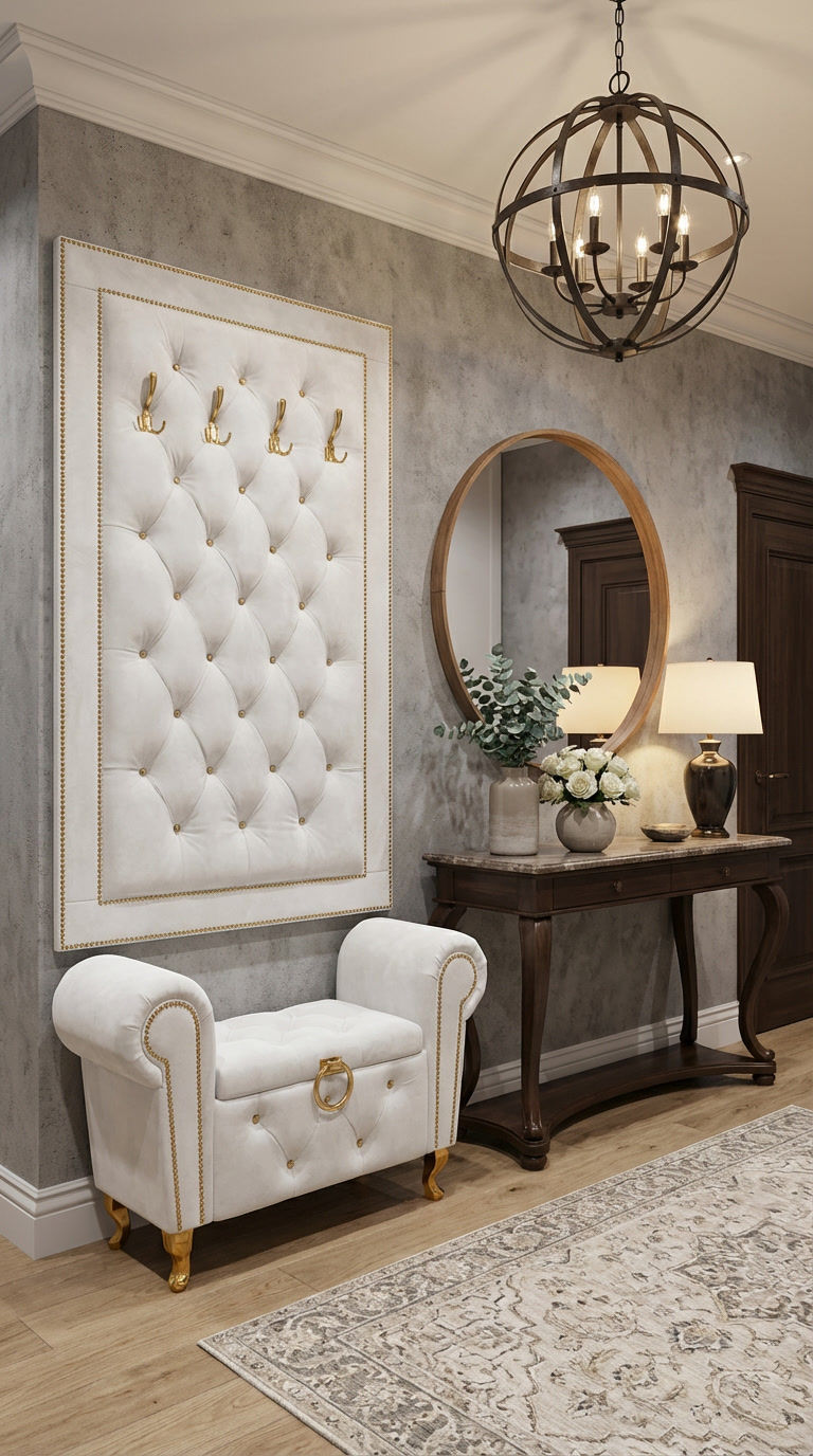 biała pufa i panel wiszący z wieszakami z pojemnikiem w środku