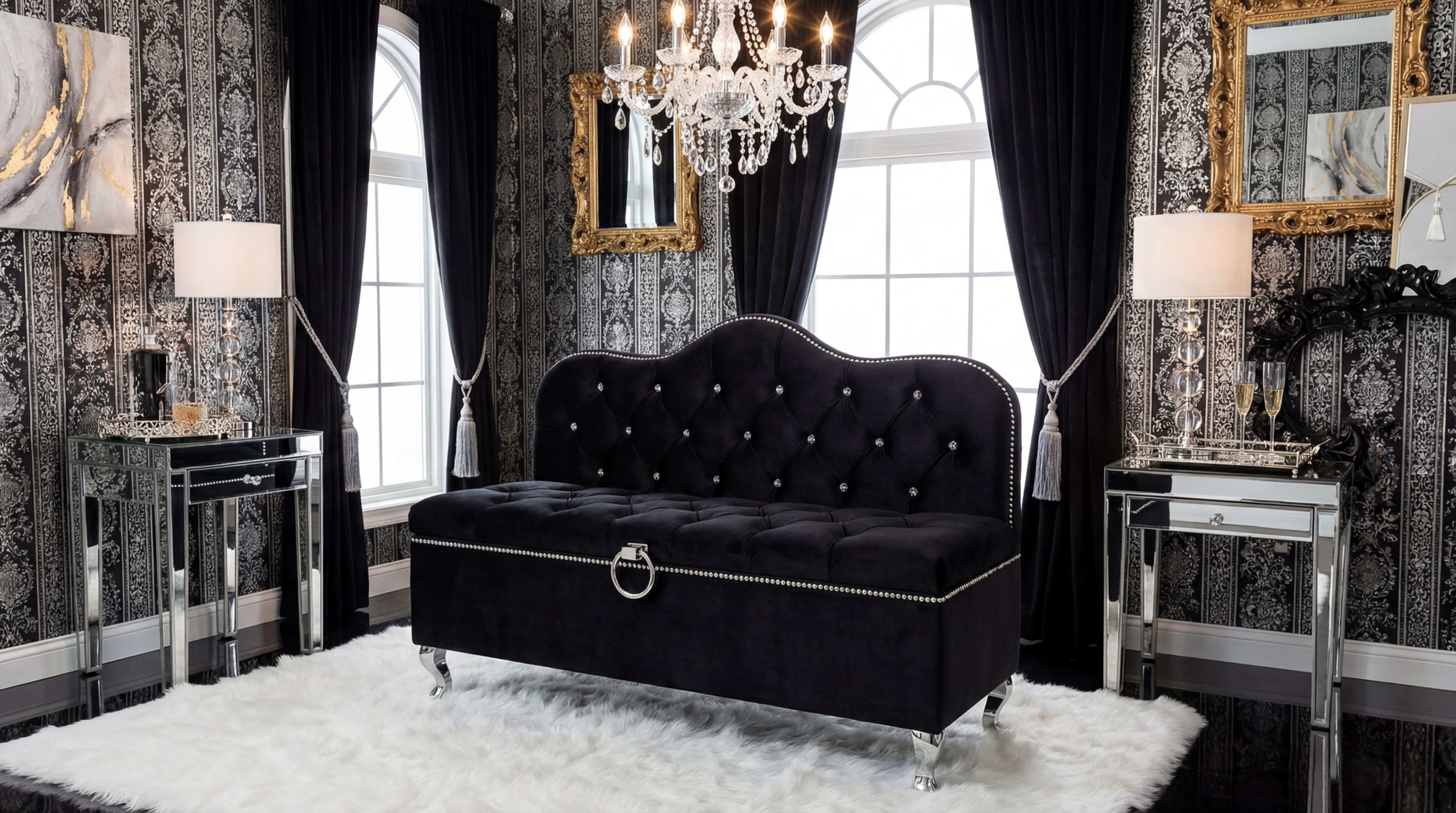 Opera – ławeczka czarna glamour z oparciem i pojemnikiem