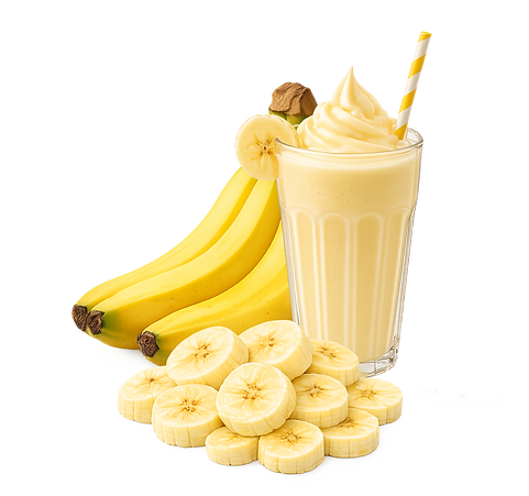Bananen mit Bananen-Milchshake und Bananenscheiben