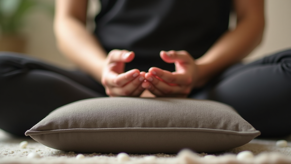 Close-up view of Reiki practitioner’s hands hovering over a meditation cushion