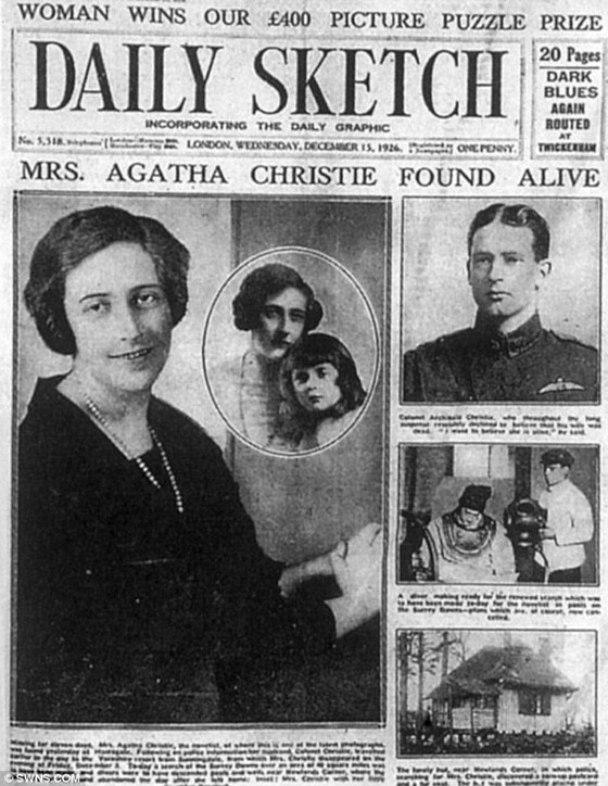 Newspaper article about Agatha Christie being found alive.