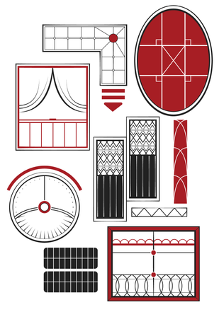 The illustration of chapter 12 which features a collage of window designs in dark gray and red