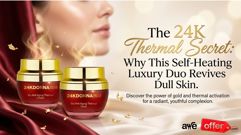 Two luxury 24K gold skincare jars placed next to a woman with a glowing, radiant complexion.
