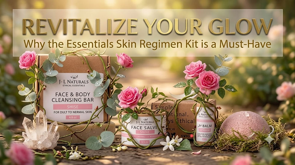 Essentials Skin Regimen Kit skincare products displayed next to natural ingredients for glowing skin.