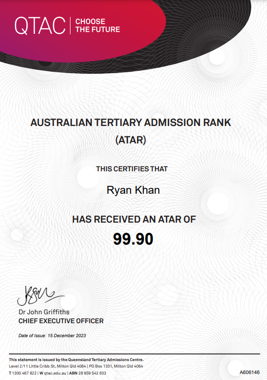 Ryan Khan's ATAR results screen showing a 99.90 achievement, symbolising exam success and study excellence.
