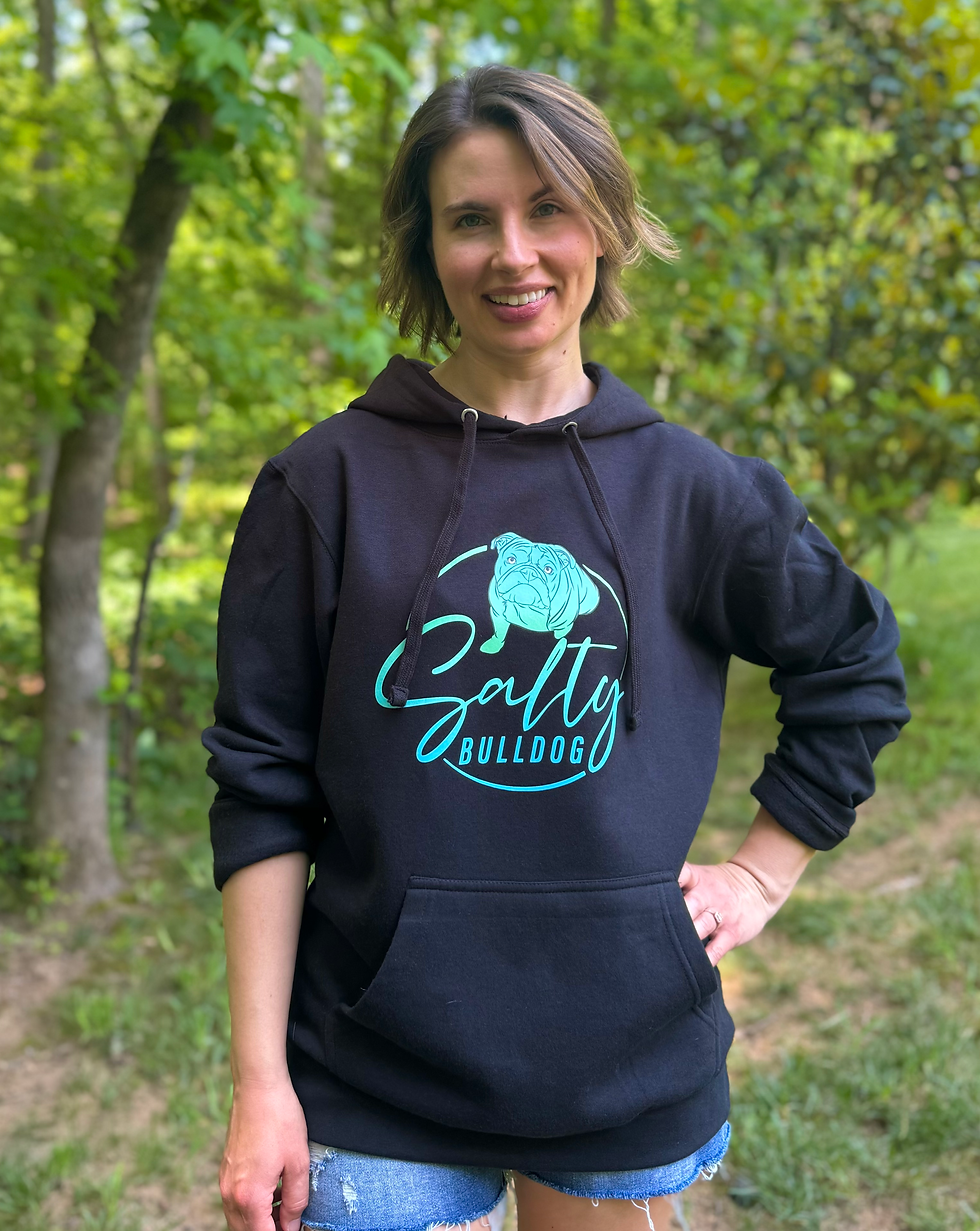Danielle wearing Salty Bulldog Gives Back Logo Hoodie in black