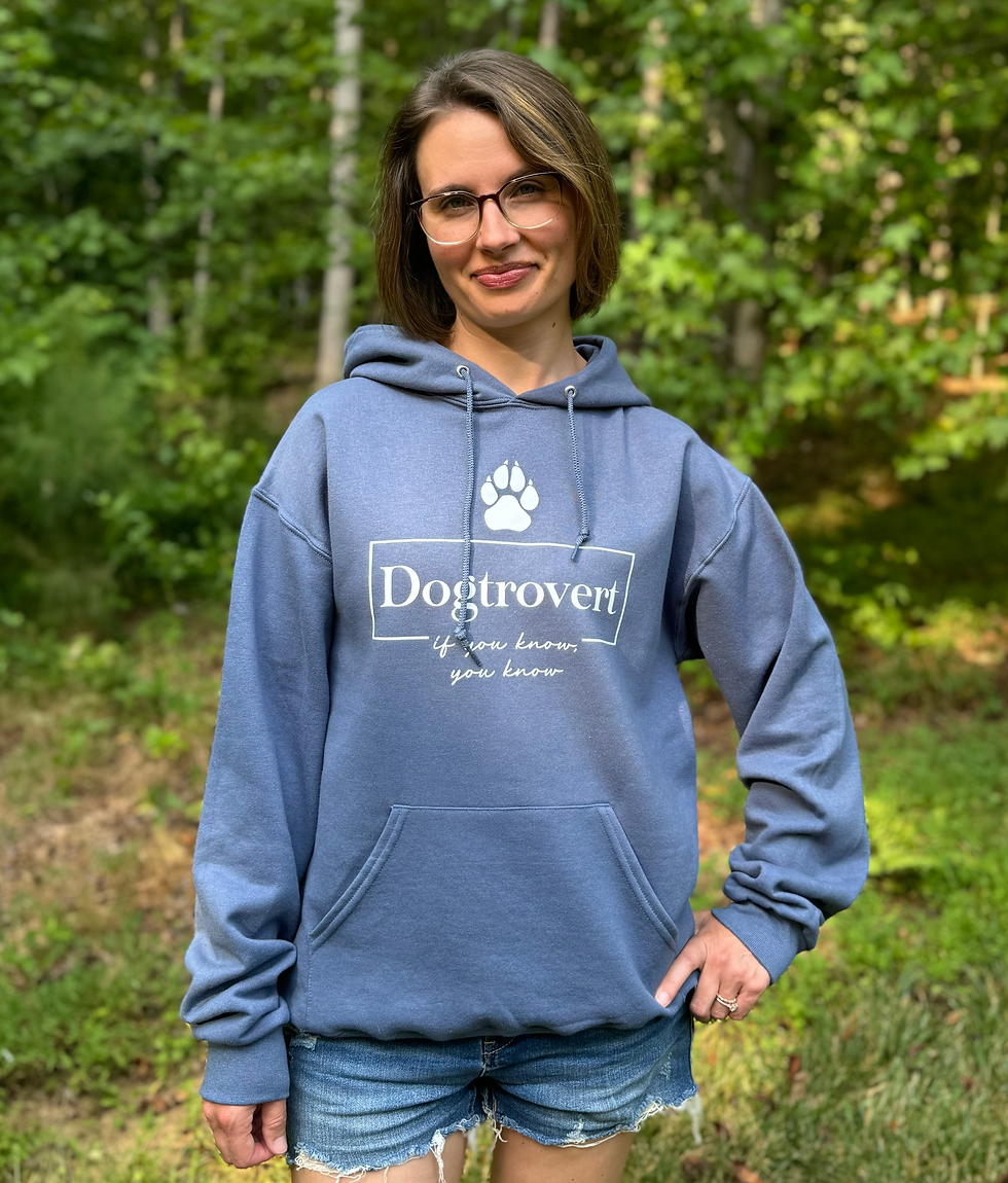 Danielle wearing Salty Bulldog's Dogtrovert hoodie in denim