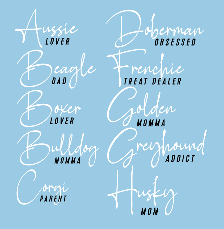 Breed names in Salty Bulldog official font