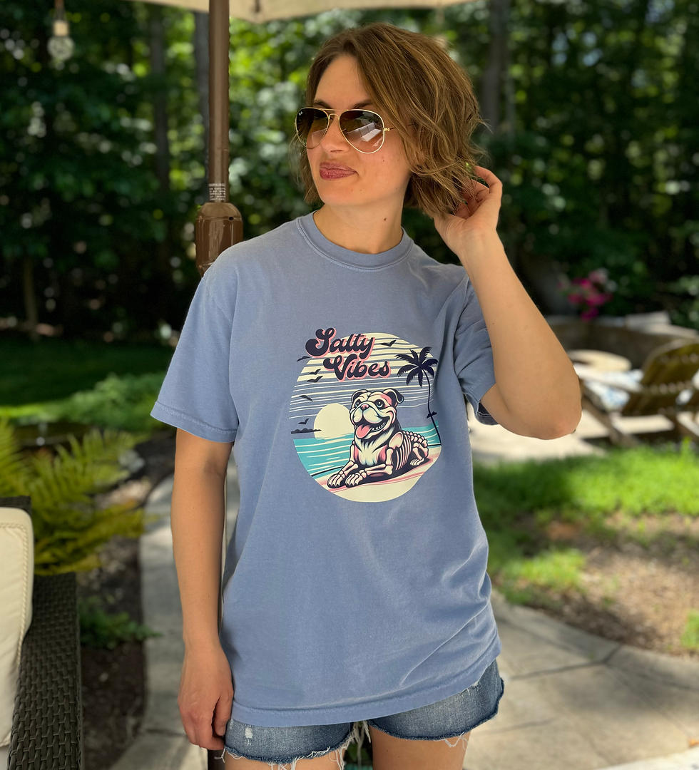 Danielle wearing Salty Dog Vibes short sleeve t-shirt in blue jean