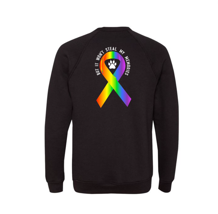 Back view of Salty Bulldog's Canine Cancer Rainbow crewneck sweatshirt