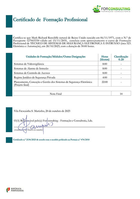 Certificado Tecnico de Sistemas de Securança Eletrónica e Intrusão em Portugal - Page 1
