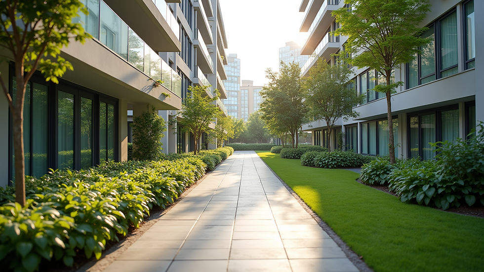Wide angle view of a clean and well-maintained outdoor area of a strata property