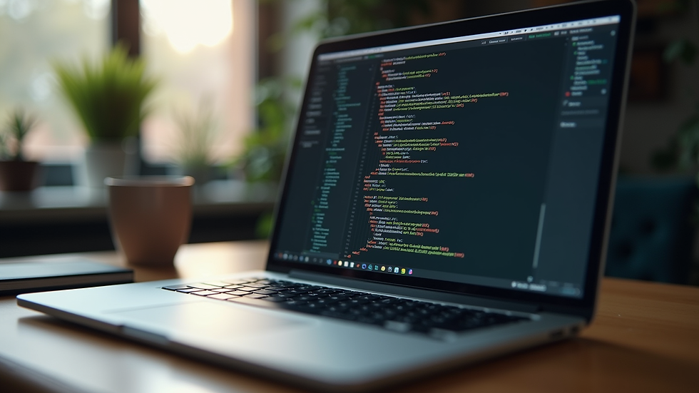 Eye-level view of a laptop on a wooden desk with coding on the screen