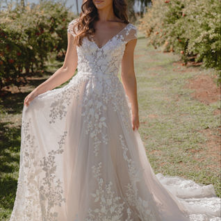 lace wedding dress, a line, madi lane 
