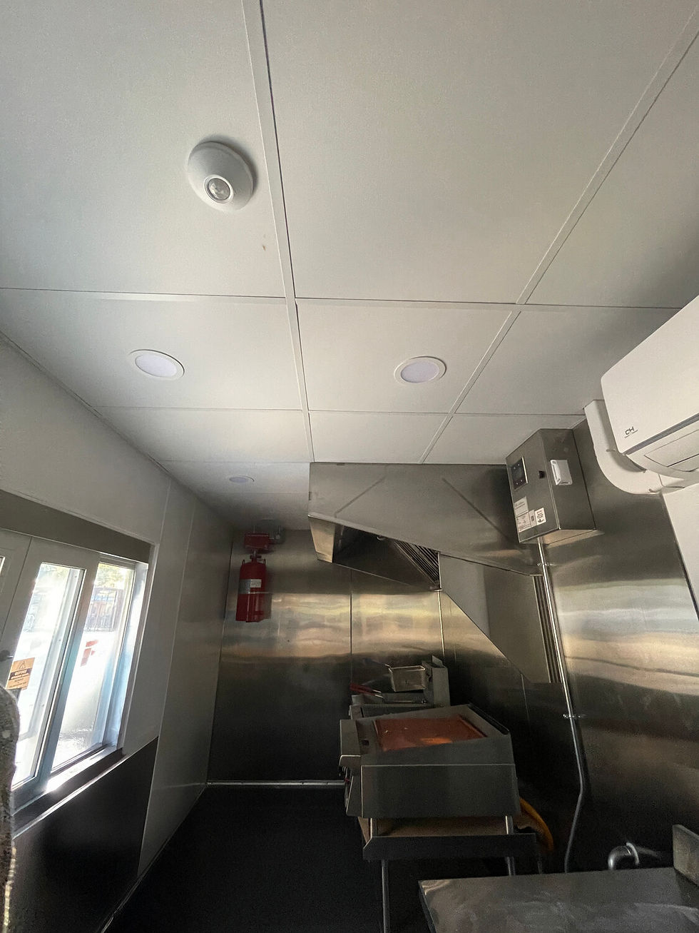 Image of the tight space inside a shipping container kitchen and how hard it is to work in the space.