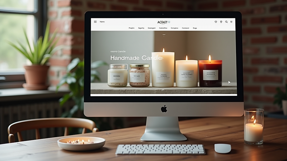 Eye-level view of a computer screen displaying an online marketplace for handmade candles