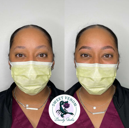 An image demonstrating the dramatic results of an eyebrow service and eyebrow tint. The 'after' photo features perfectly sculpted, full, and dark eyebrows, contrasting with the more natural, less-defined brows in the 'before' photo.