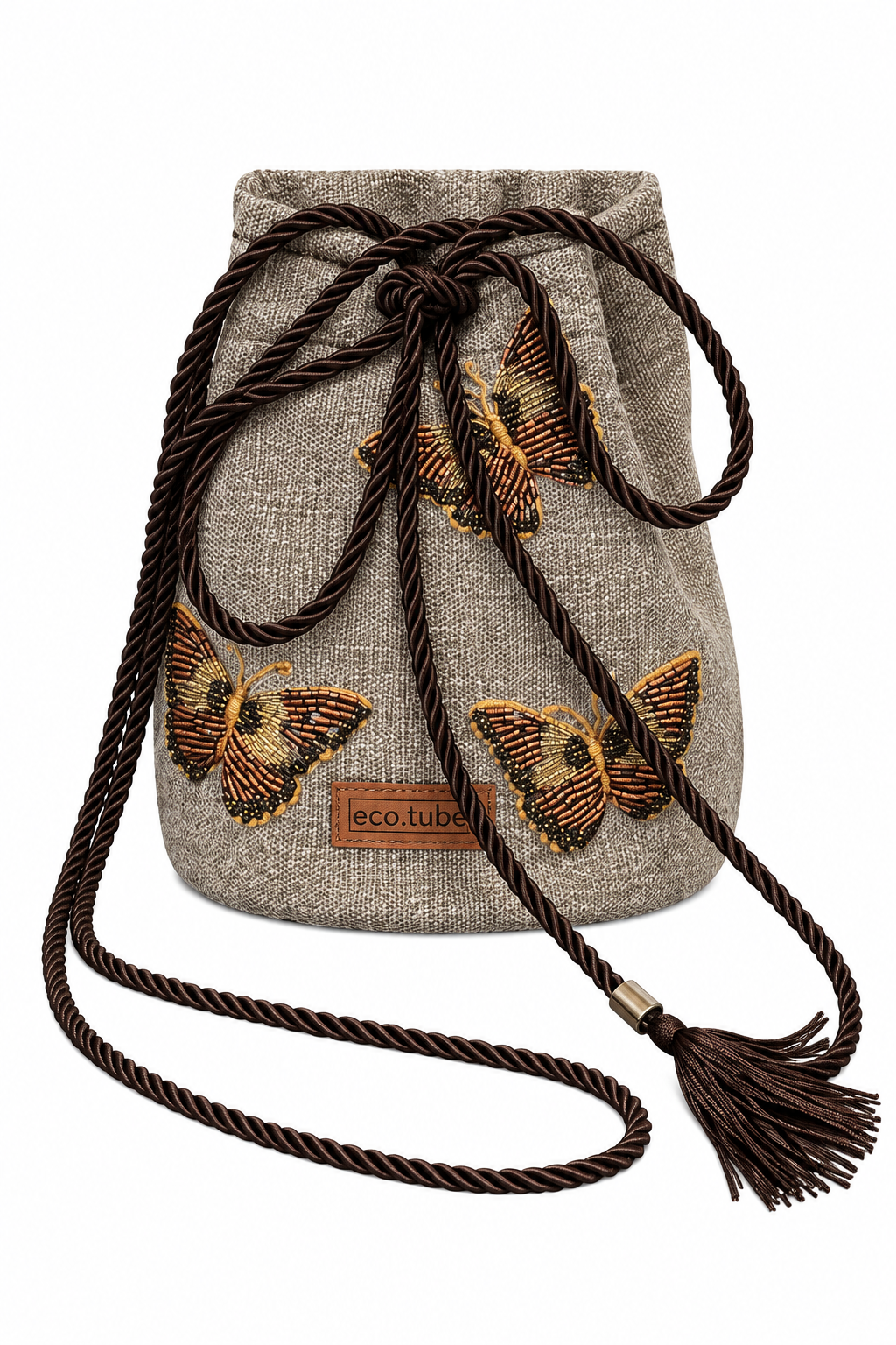 Bucket bag (borboletas marrom) - bordada à mão