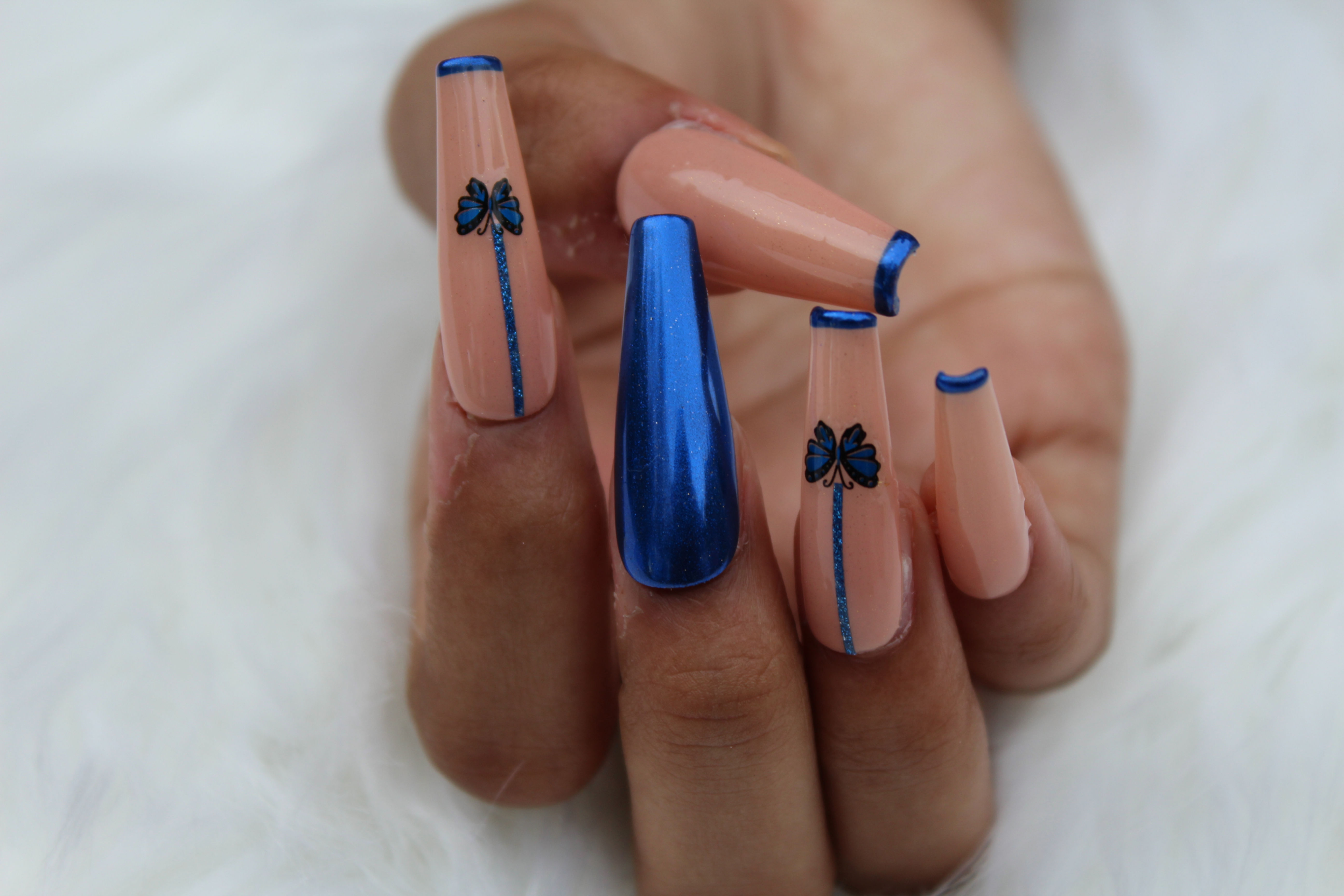 Ready to Buy - XS Nude with Blue Chrome Butterfly accent nails