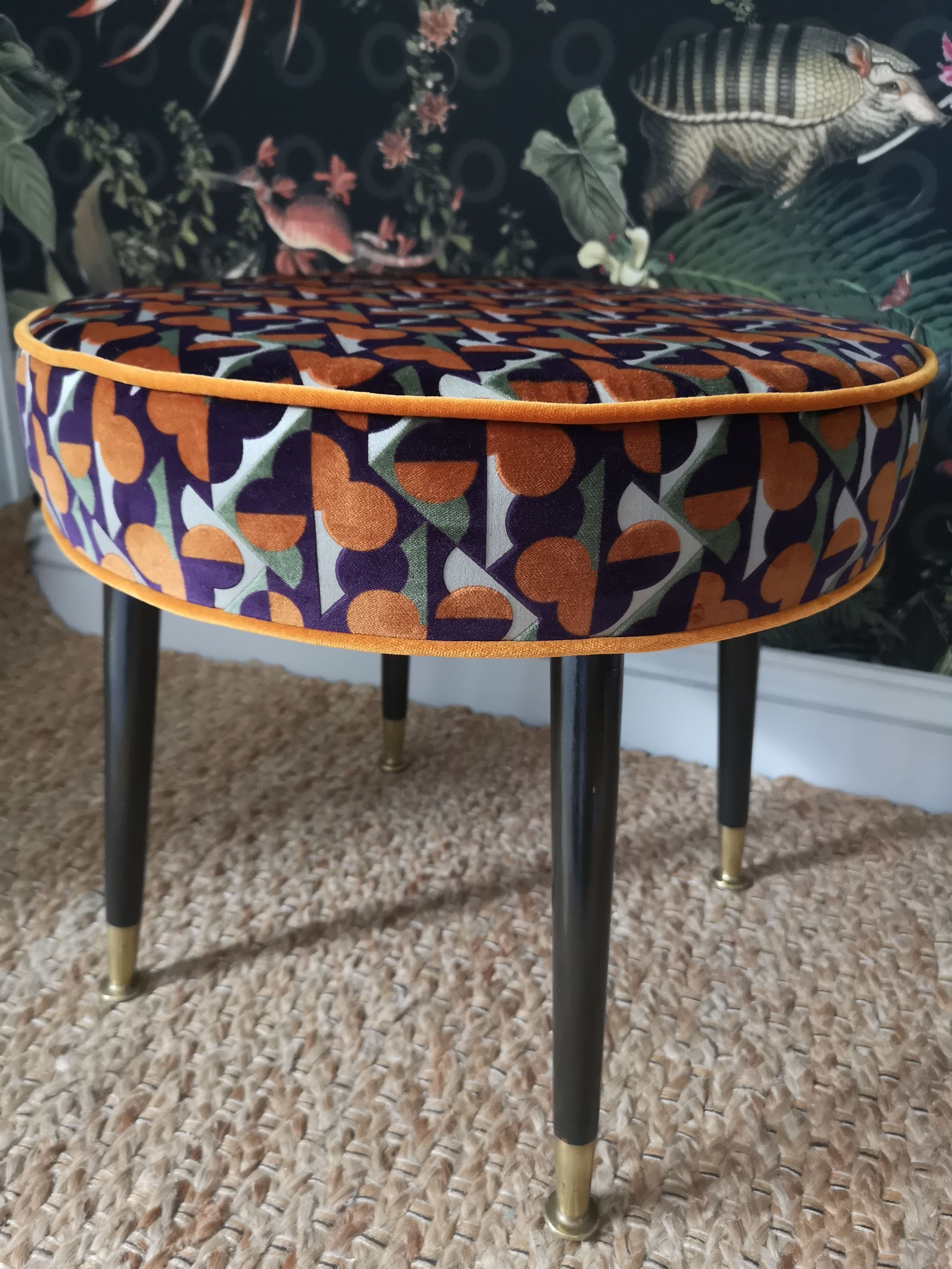Round Footstool - Nobilis Paris geometric velvet - mid century legs