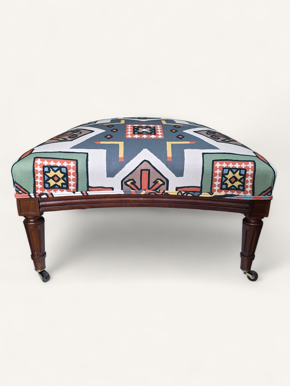 Thumbnail: Mid 20th century Walnut Ottoman on Brass Castors - Pierre Frey Embroidered texti