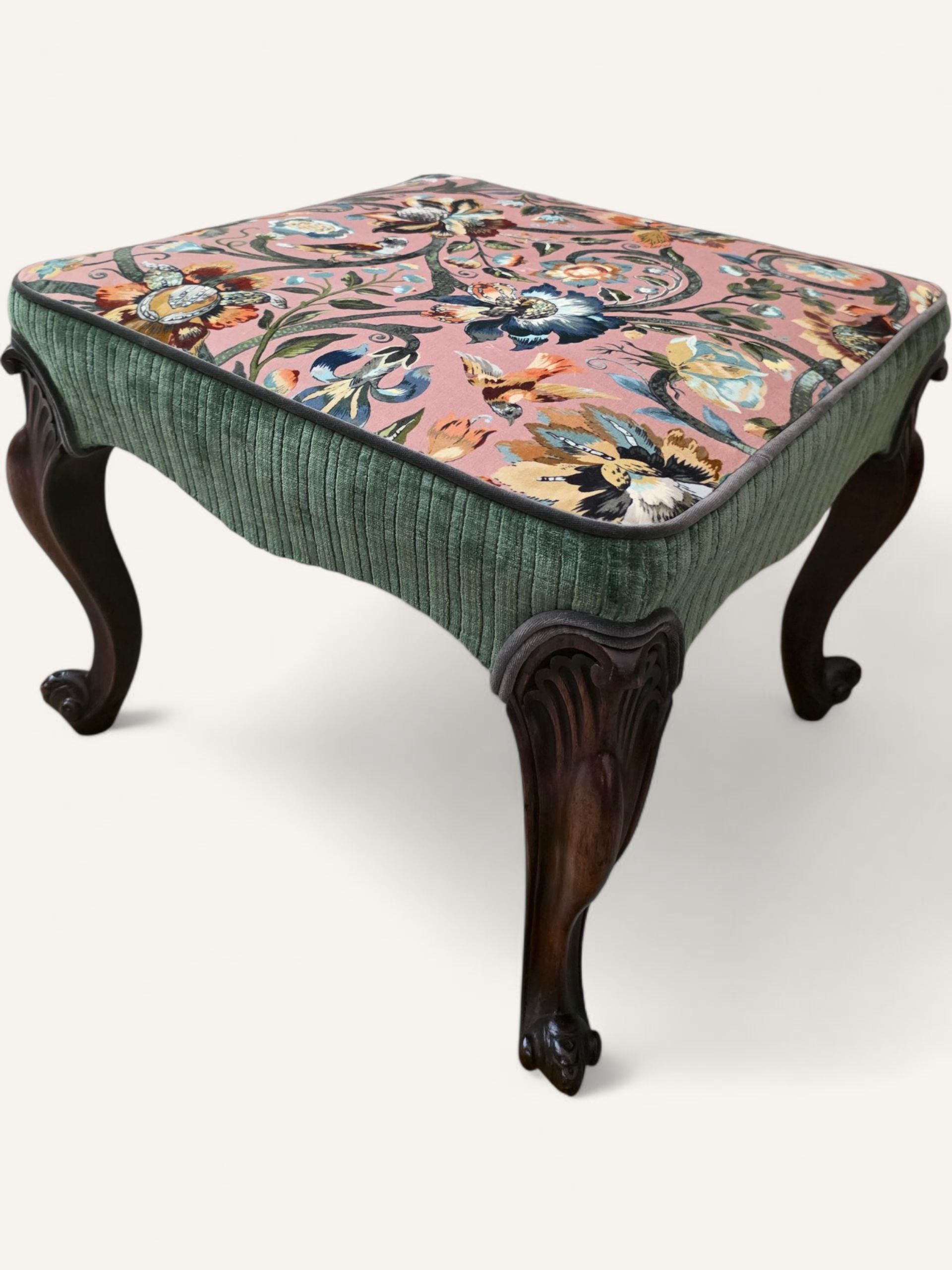 Late 19th C. French Walnut Footstool - House of Hackney Floral Velvet