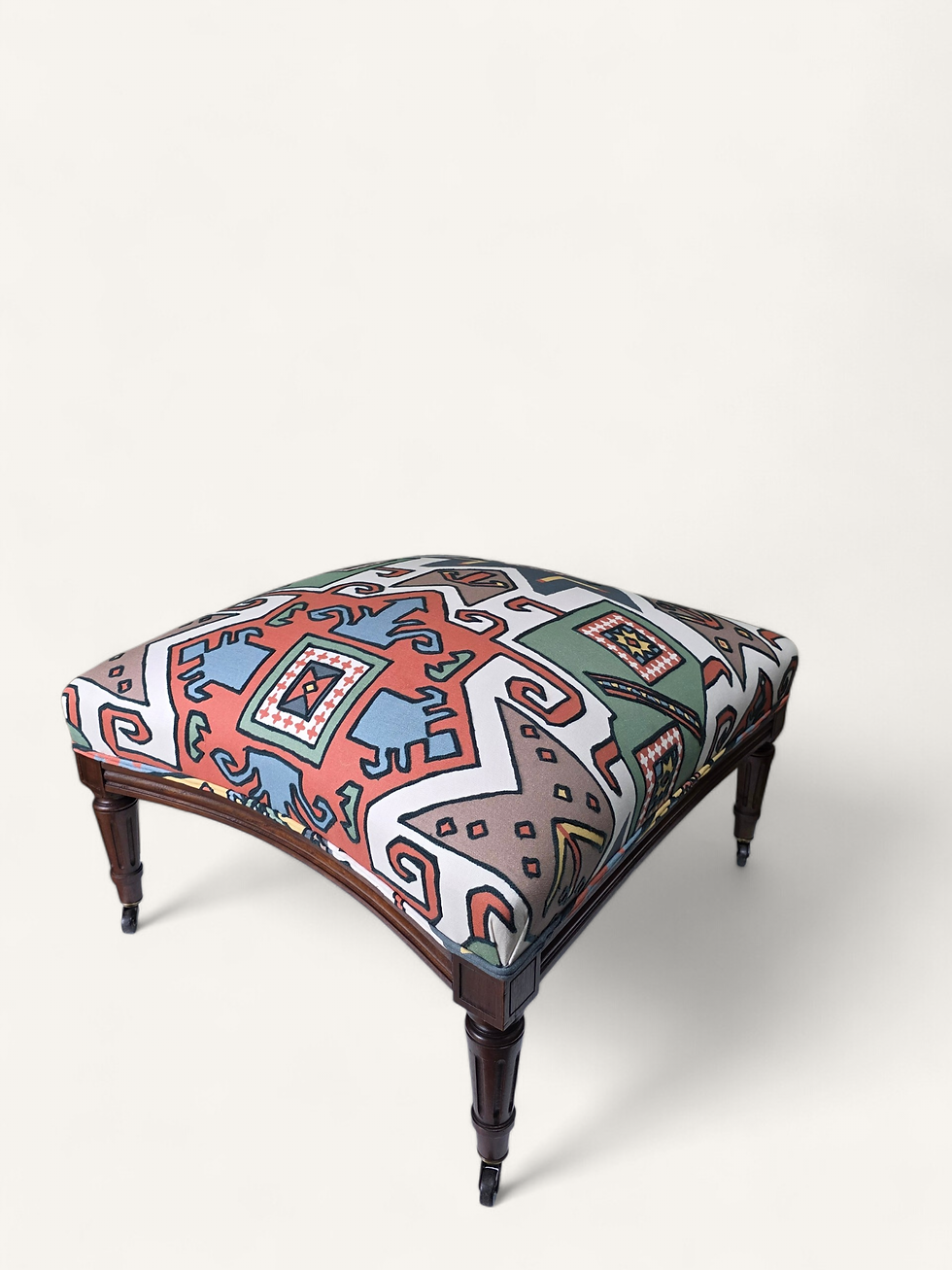 Thumbnail: Mid 20th century Walnut Ottoman on Brass Castors - Pierre Frey Embroidered texti